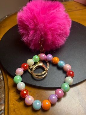 Pink Pom Pom Beaded Keyring Bracelet